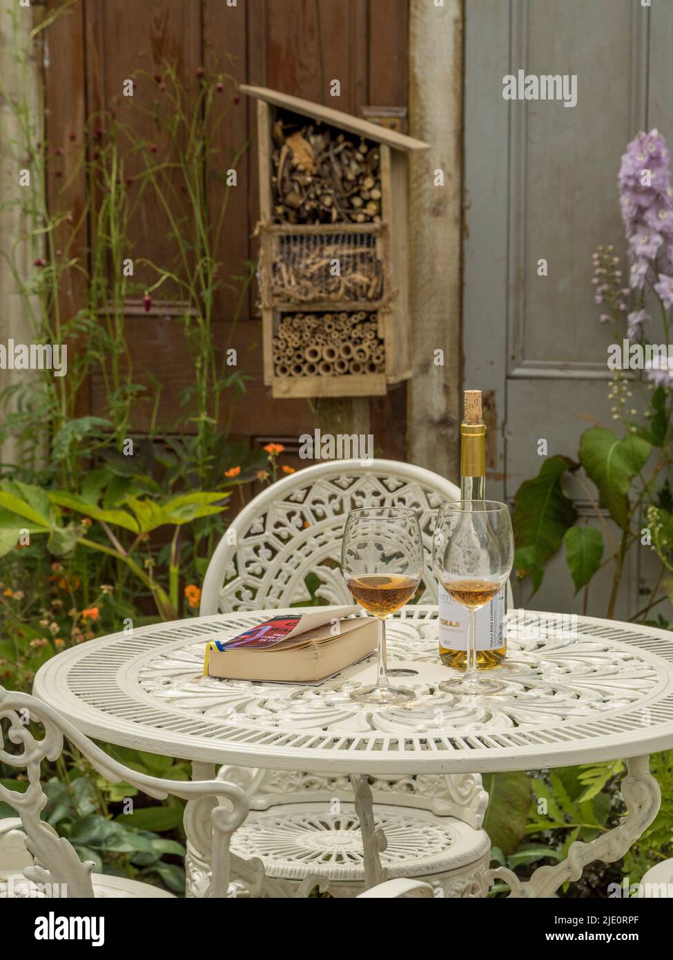 Bouteille de vin avec 2 verres et livre de poche sur une table de jardin en fonte blanche. Banque D'Images