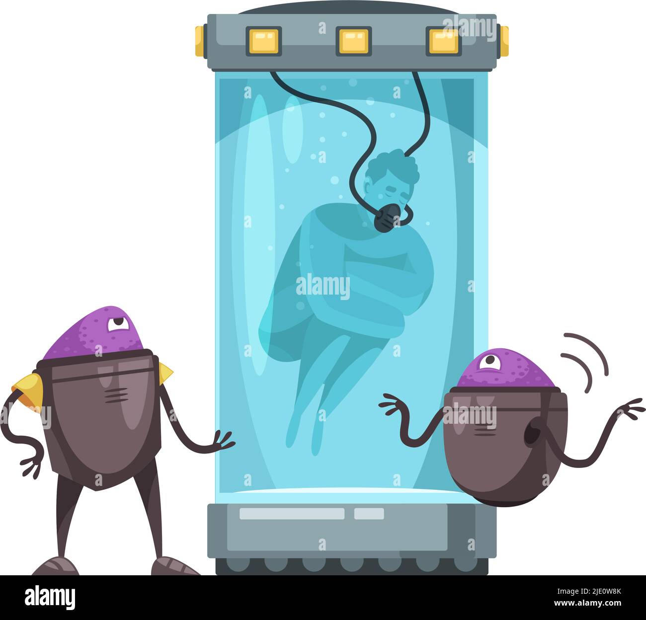 Deux extraterrestres portant expérience sur l'homme en capsule avec l'illustration de vecteur de dessin animé d'eau Illustration de Vecteur