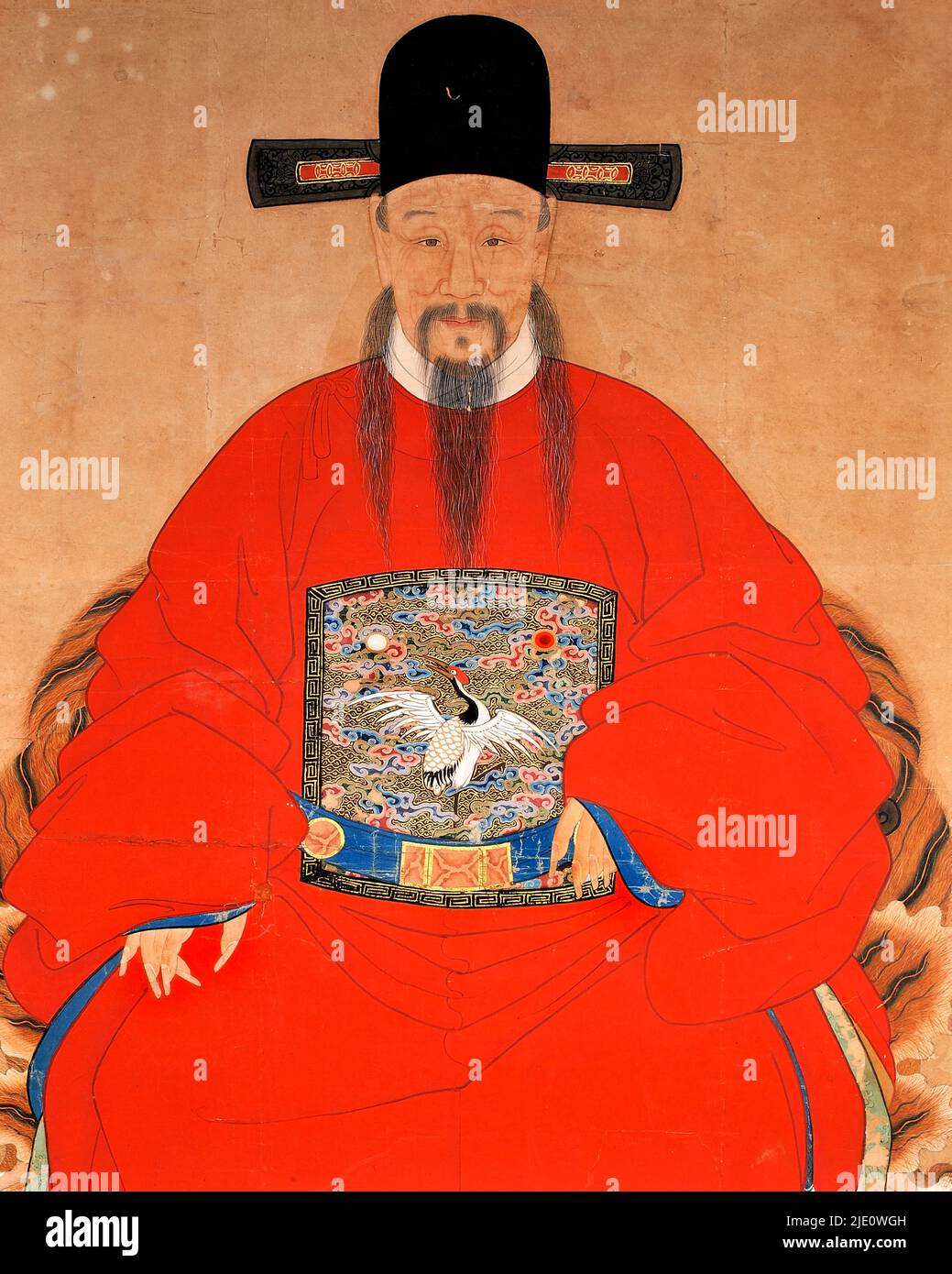 Peinture chinoise ancienne, portrait d'un dignitaire chinois, tempera sur toile, période Qing 1644-1911. Banque D'Images