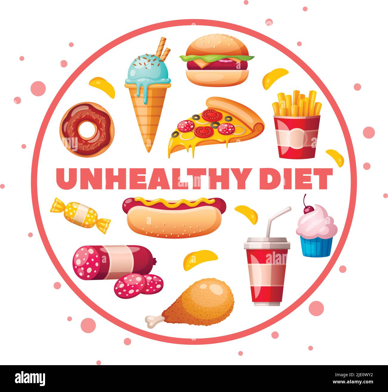 Nutritionniste diététicien nourriture pour éviter les produits malsains caricature circulaire composition avec hamburger pizza beignet cupcake illustration vectorielle Illustration de Vecteur