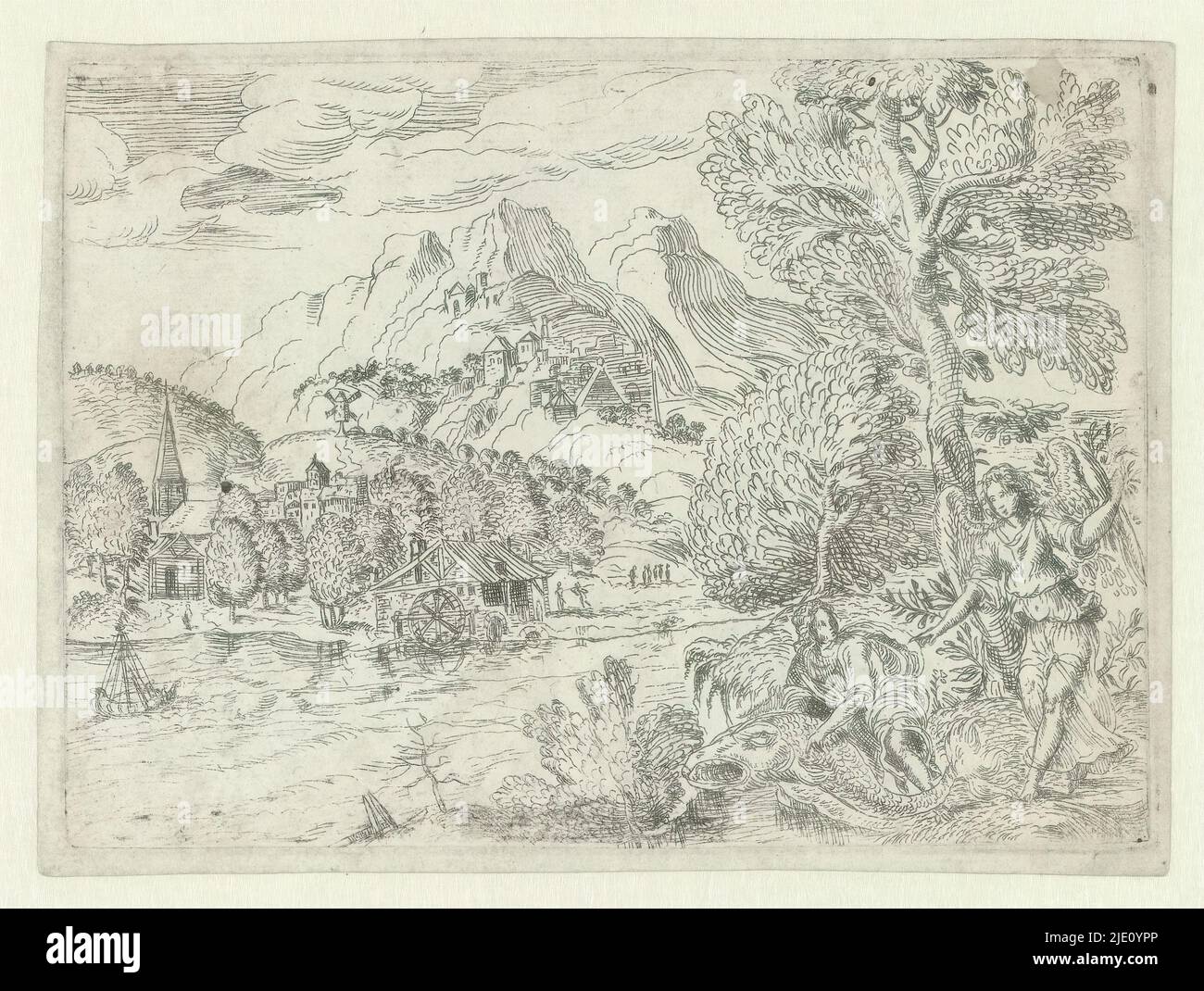 Paysage avec Tobias et l'ange, Tobias attrape un poisson dans la rivière Tigre, qu'il va couper ouvert sur les conseils de l'archange Raphaël et garder le coeur, le foie et la Galle pour guérir plus tard avec Tobit. A gauche sur la rivière un moulin à eau, imprimerie: Anonyme, Vénétie, c. 1550 - c. 1599, papier, gravure, hauteur 131 mm × largeur 180 mm Banque D'Images Paysage avec Tobias et l'ange, Tobias attrape un poisson dans la rivière Tigre, qu'il va couper ouvert sur les conseils de l'archange Raphaël et garder le coeur, le foie et la Galle pour guérir plus tard avec Tobit. A gauche sur la rivière un moulin à eau, imprimerie: Anonyme, Vénétie, c. 1550 - c. 1599, papier, gravure, hauteur 131 mm × largeur 180 mm Banque D'Images