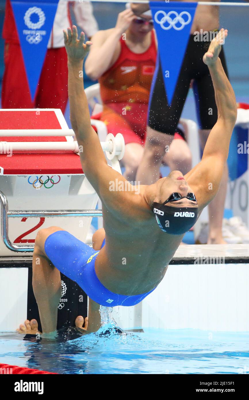 31st JUILLET 2021 - TOKYO, JAPON: Thomas Ceccon de l'Italie en action pendant la finale du Relais Medley mixte de natation 4x100m aux Jeux Olympiques de Tokyo 2020 ( Banque D'Images