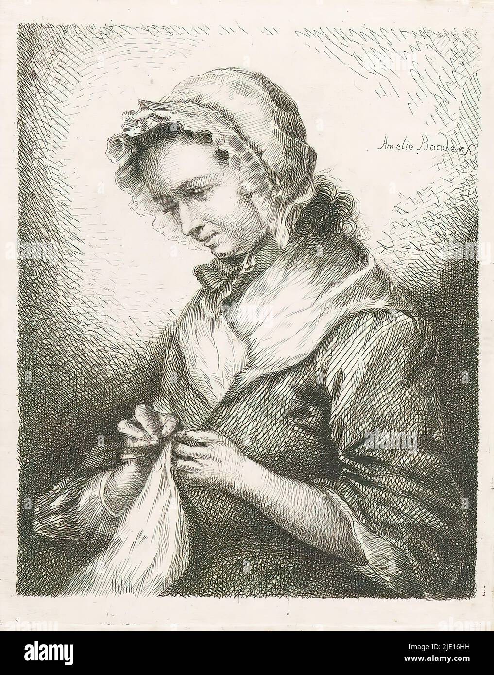 Portrait de l'épouse de l'artiste Georg Friedrich Schmidt, couture, Portrait de Dorothea Louise Schmidt, née Viedebandt, épouse de l'artiste Georg Friedrich Schmidt. Elle porte un chapeau de dentelle et est orientée vers la gauche., imprimeur: Amalie Baader, (mentionné sur l'objet), après impression par: Georg Friedrich Schmidt, imprimeur: Allemagne, après impression par: Berlin, 1773 - c. 1840, papier, gravure, hauteur 128 mm × largeur 102 mm Banque D'Images