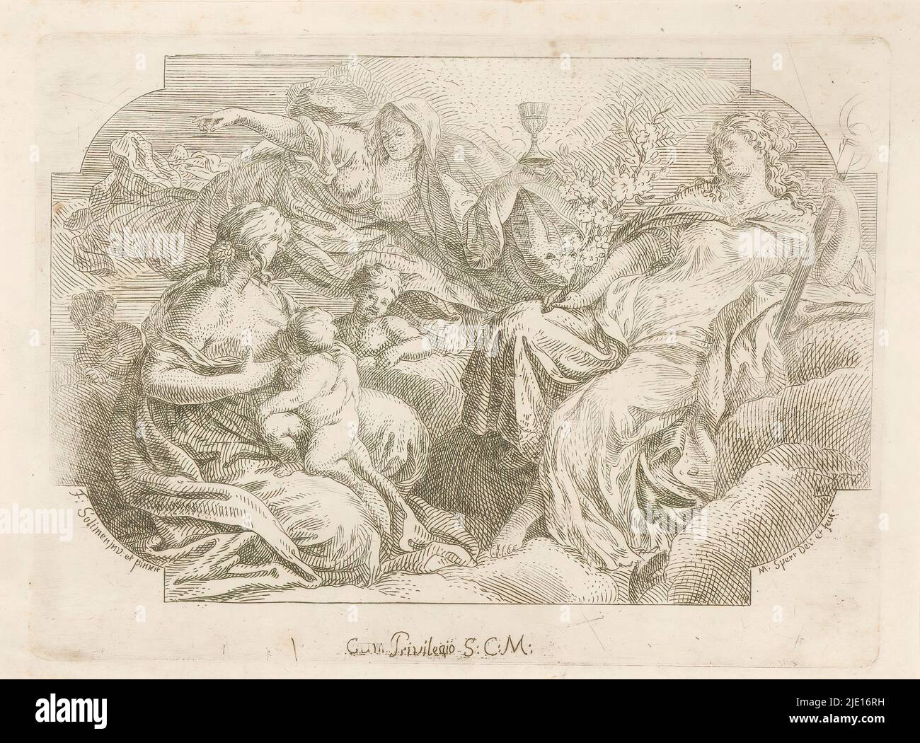 Personnifications féminines de trois vertus divines, peintures de plafond dans la Sacrestia di Solimena (titre de série), Amour (Caritas), foi (Fides) et espérance (Spes) sur un paysage nuageux., imprimerie: Martin Speer, (mentionné sur objet), après conception propre par: Martin Speer, (mentionné sur objet), après peinture par: Francesco Solimena, (mentionné sur l'objet), imprimeur: Ratisbonne, après peinture par: Naples, 1712 - 1765, papier, gravure, hauteur 185 mm × largeur 252 mm Banque D'Images