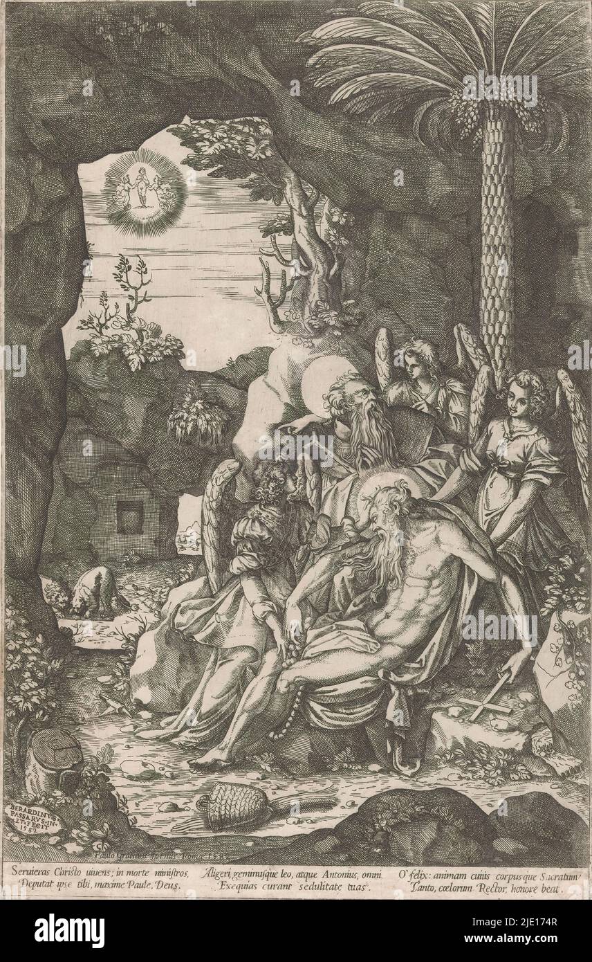 Antony le Grand avec le corps de Paul l'Hermite, avec deux anges, Antony le Grand soutient le corps mort de Paul l'Hermite. Antony a visité Paul dans le désert et est resté avec lui jusqu'à la mort de Paul. Un troisième ange se tient derrière et pointe vers deux lions creusant le tombeau. Dans l'arrière droit se trouve un palmier, dont les feuilles que Paul portait habituellement autour de son corps. En arrière-plan, l'âme de Paul est transportée dans le ciel par deux anges. Dans la marge inférieure, trois colonnes de texte en latin., imprimeur: Bernardino Passeri, (mentionné sur l'objet), après propre conception par: Bernardino Passeri, (mentionné o Banque D'Images