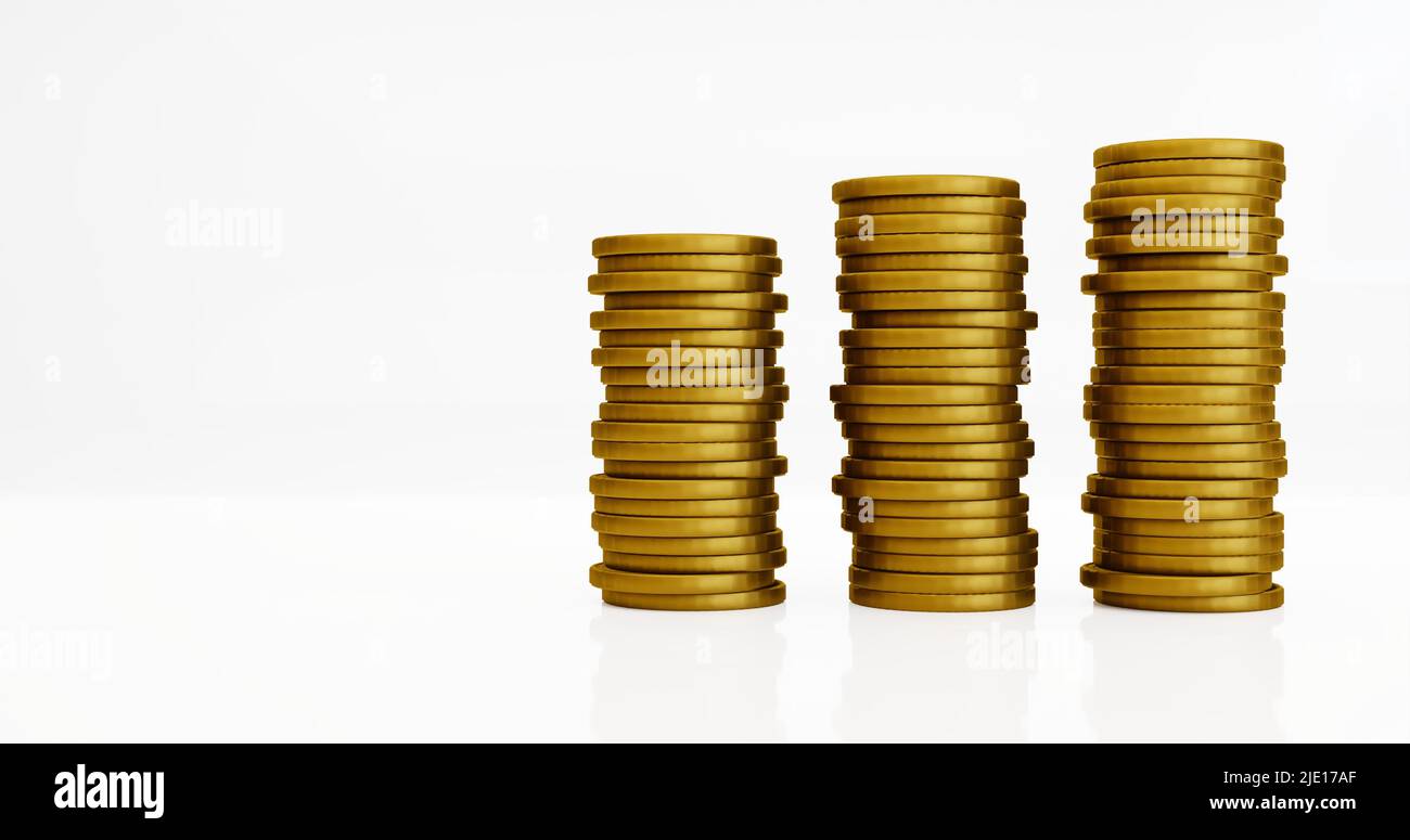 3D piles de pièces de monnaie dorées sur fond blanc. 3D rendu. Banque D'Images