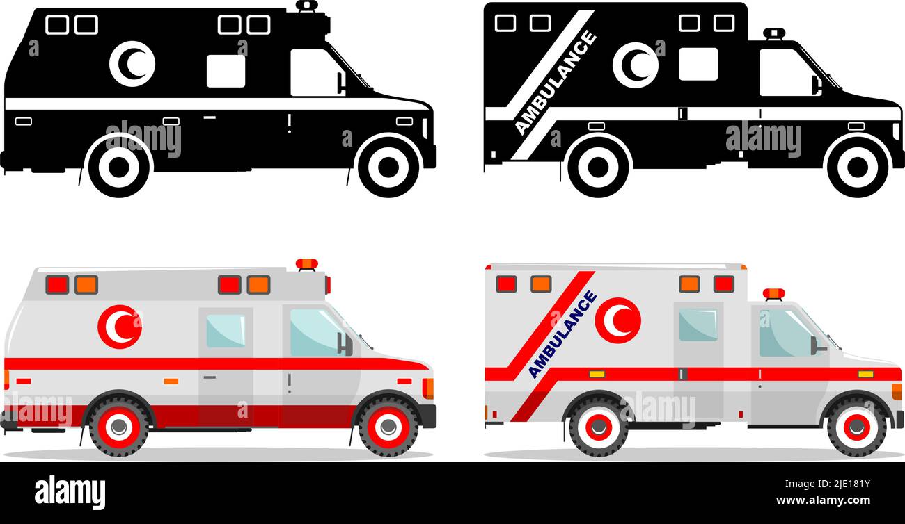 Illustration détaillée des silhouettes noires et colorées des ambulances de voitures musulmanes dans un style plat sur fond blanc. Illustration vectorielle. Illustration de Vecteur