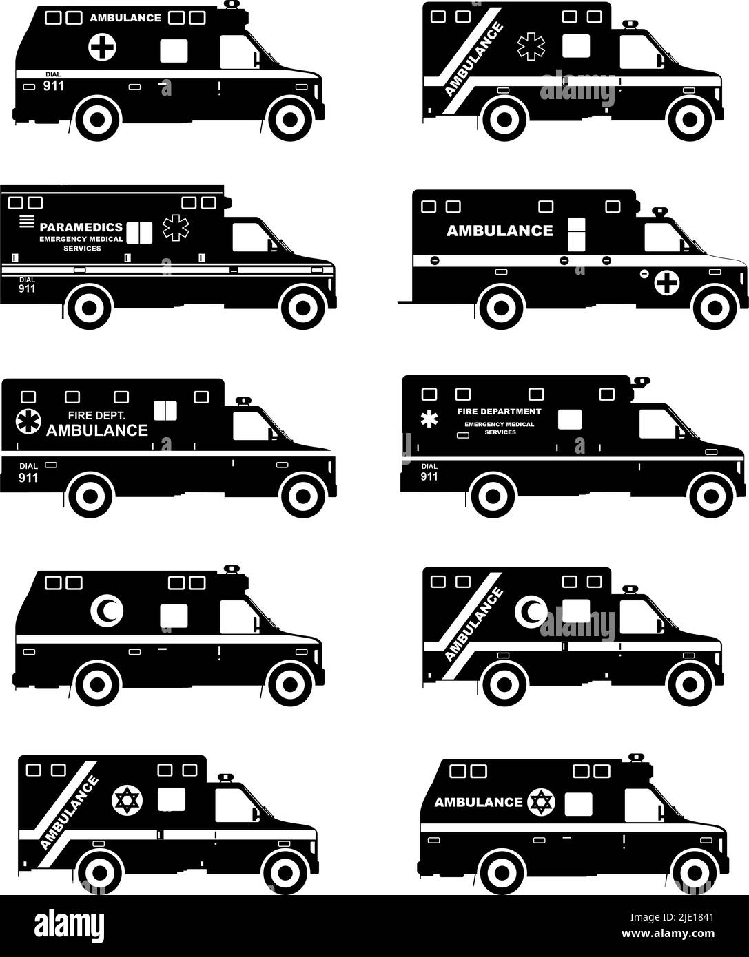 Silhouettes illustration des ambulances automobiles israéliennes, musulmanes, américaines et européennes de style plat sur fond blanc. Voitures de service d'urgence. Vecteur illus Illustration de Vecteur