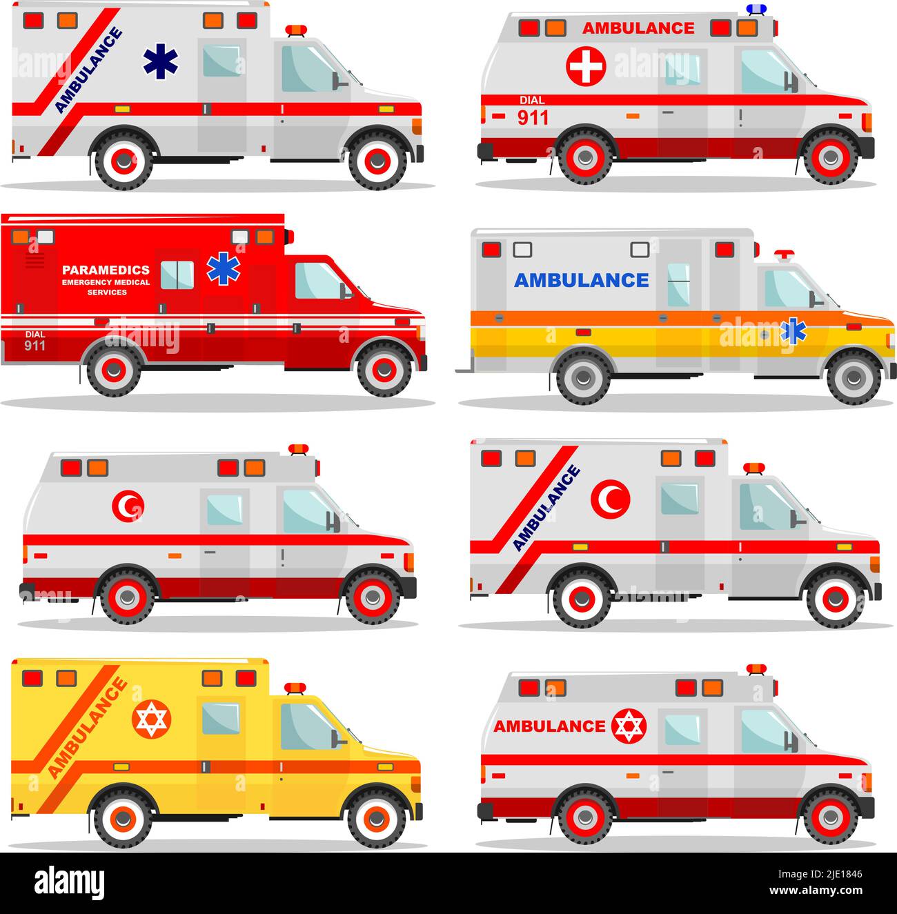 Illustration détaillée des ambulances de couleur israélienne, musulmane, américaine, européenne de voiture dans le style plat sur fond blanc. Voitures de service d'urgence. Vecteur Illustration de Vecteur