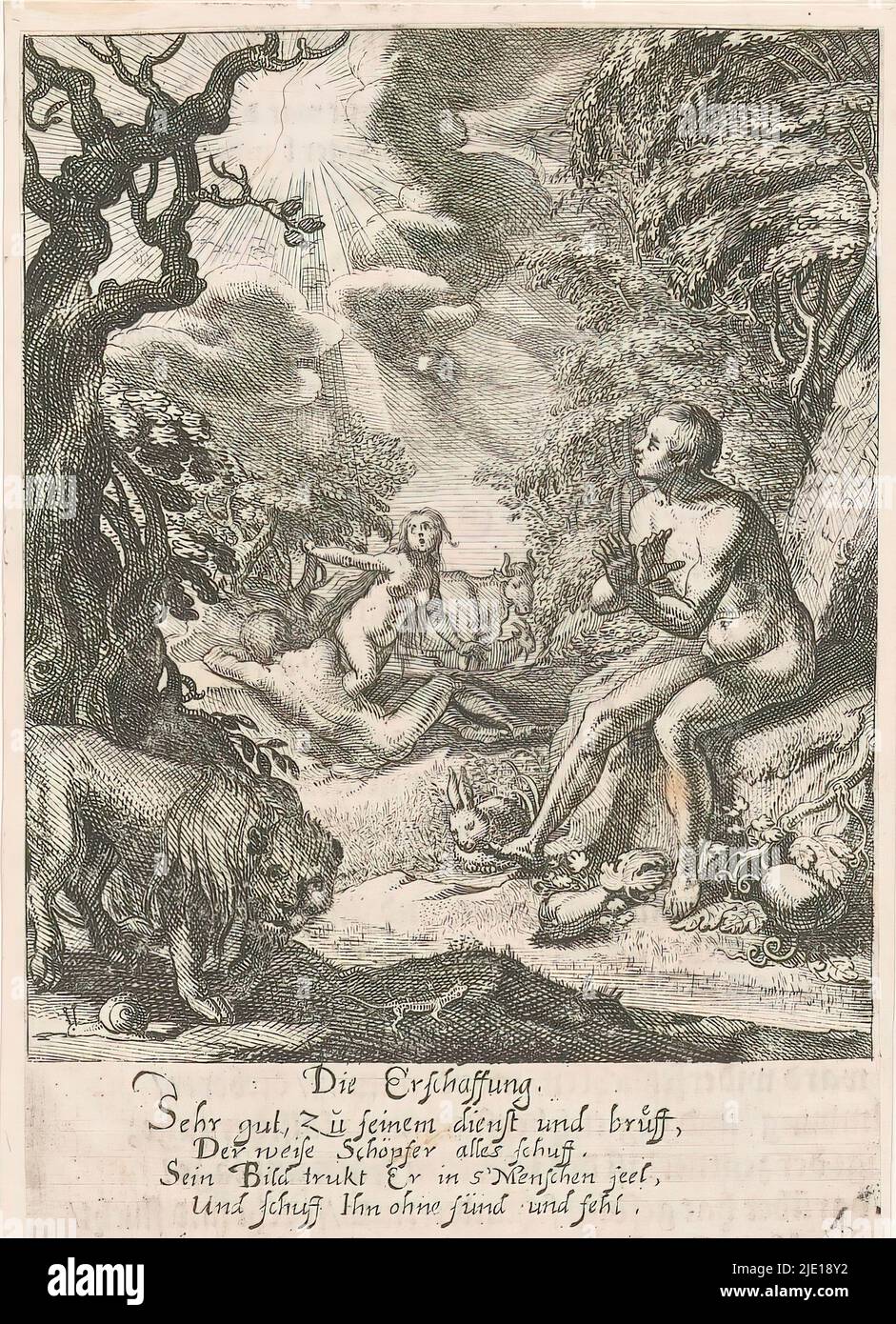 Création d'Adam et Eve, Die Erschaffung (titre sur objet), la danse de la mort (titre de série), Adam et Eve au Paradis, entouré d'animaux. Eve s'élève du corps de sommeil d'Adam., imprimeur: Rudolph Meyer, imprimeur: Conrad Meyer, après la conception par: Rudolph Meyer, 1650, papier, gravure, hauteur 129 mm × largeur 90 mm Banque D'Images