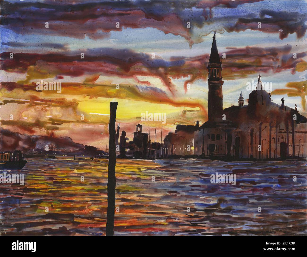 Venise, Italie peinture au coucher du soleil. Aquarelle église de Venise œuvres d'art du Grand Canal horizon de Venise (imprimé) Banque D'Images