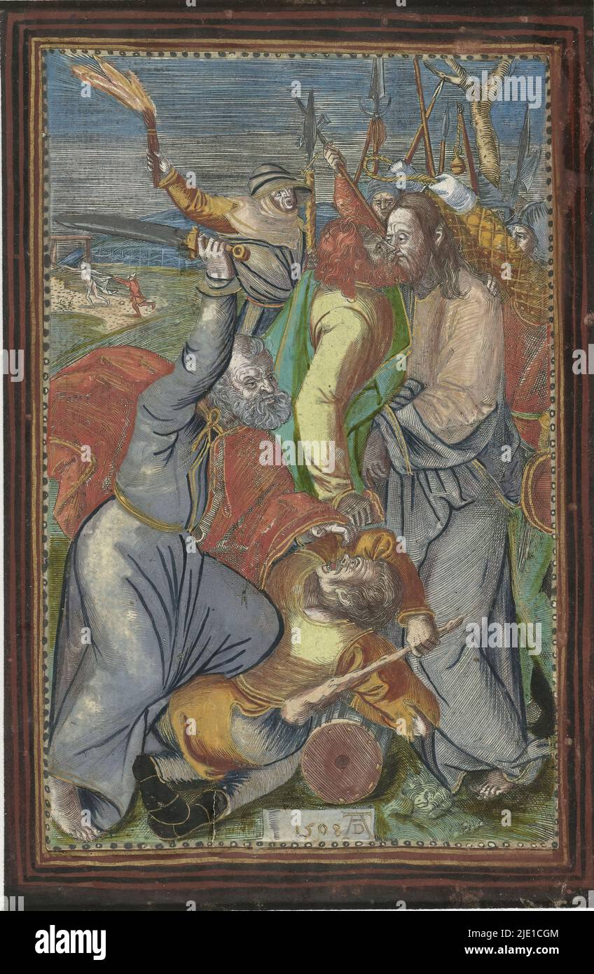 La capture du Christ, la passion (titre de la série), le Christ est trahi par Judas avec un baiser. Les soldats se tiennent derrière le Christ prêt au transporter. Au verso, 9 lignes de texte latin en typographie. Cet imprimé fait partie d'une série d'imprimés représentant des scènes de la passion, des copies d'après la passion gravée d'Albrecht Dürer., imprimeur: Anonyme, après impression par: Albrecht Dürer, (mentionné sur l'objet), Allemagne, 1508 et/ou 1508 - 1599, papier, gravure, hauteur 117 mm × largeur 76 mm, hauteur 133 mm × largeur 86 mm Banque D'Images
