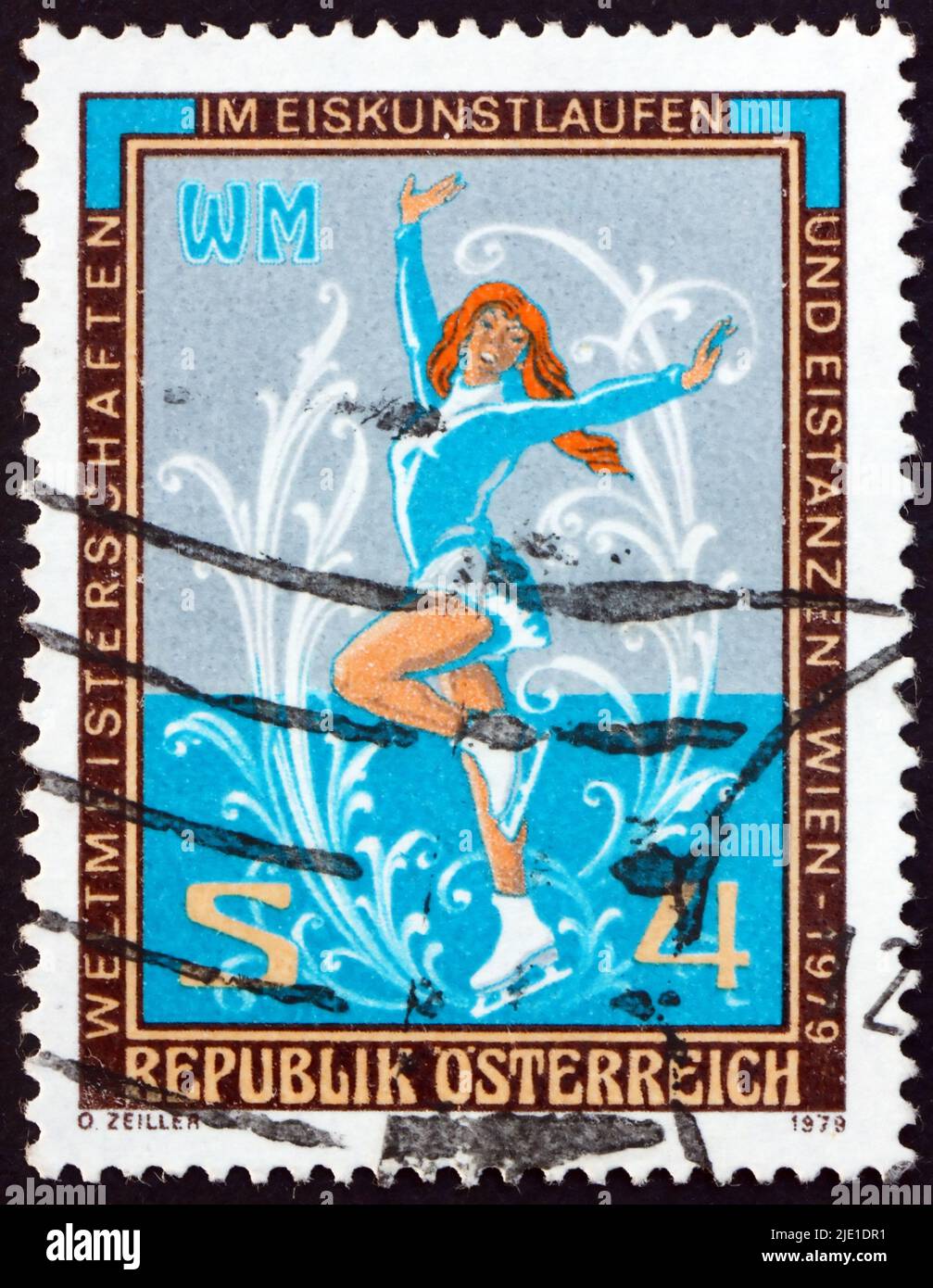 AUTRICHE - VERS 1979: Un timbre imprimé en Autriche montre skater figure, patinage mondial sur glace Champiomships, Vienne, vers 1979 Banque D'Images