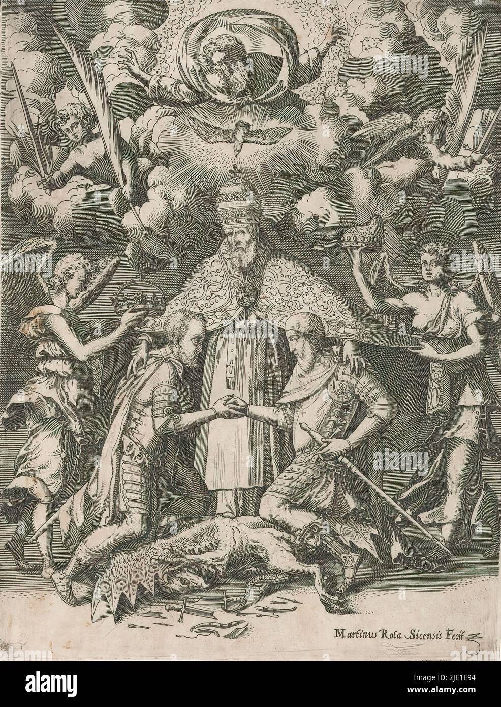 Le pape Pie V fait allusion à Philippe II, roi d'Espagne, le pape Pie V fait allusion à Philippe II, roi d'Espagne. Il se tient au centre; au-dessus de sa tête Dieu le Père dans un nuage, le Saint-Esprit comme une colombe et quelques anges avec des branches de palmier. Devant lui se trouvent Philippe II et le doge de Venise en position agenouillée. Derrière Philippe II un ange avec sa couronne; à droite un ange avec le chapeau de doge à la main. Sous leurs pieds se trouve un dragon abattu. Banque D'Images Le pape Pie V fait allusion à Philippe II, roi d'Espagne, le pape Pie V fait allusion à Philippe II, roi d'Espagne. Il se tient au centre; au-dessus de sa tête Dieu le Père dans un nuage, le Saint-Esprit comme une colombe et quelques anges avec des branches de palmier. Devant lui se trouvent Philippe II et le doge de Venise en position agenouillée. Derrière Philippe II un ange avec sa couronne; à droite un ange avec le chapeau de doge à la main. Sous leurs pieds se trouve un dragon abattu. Banque D'Images