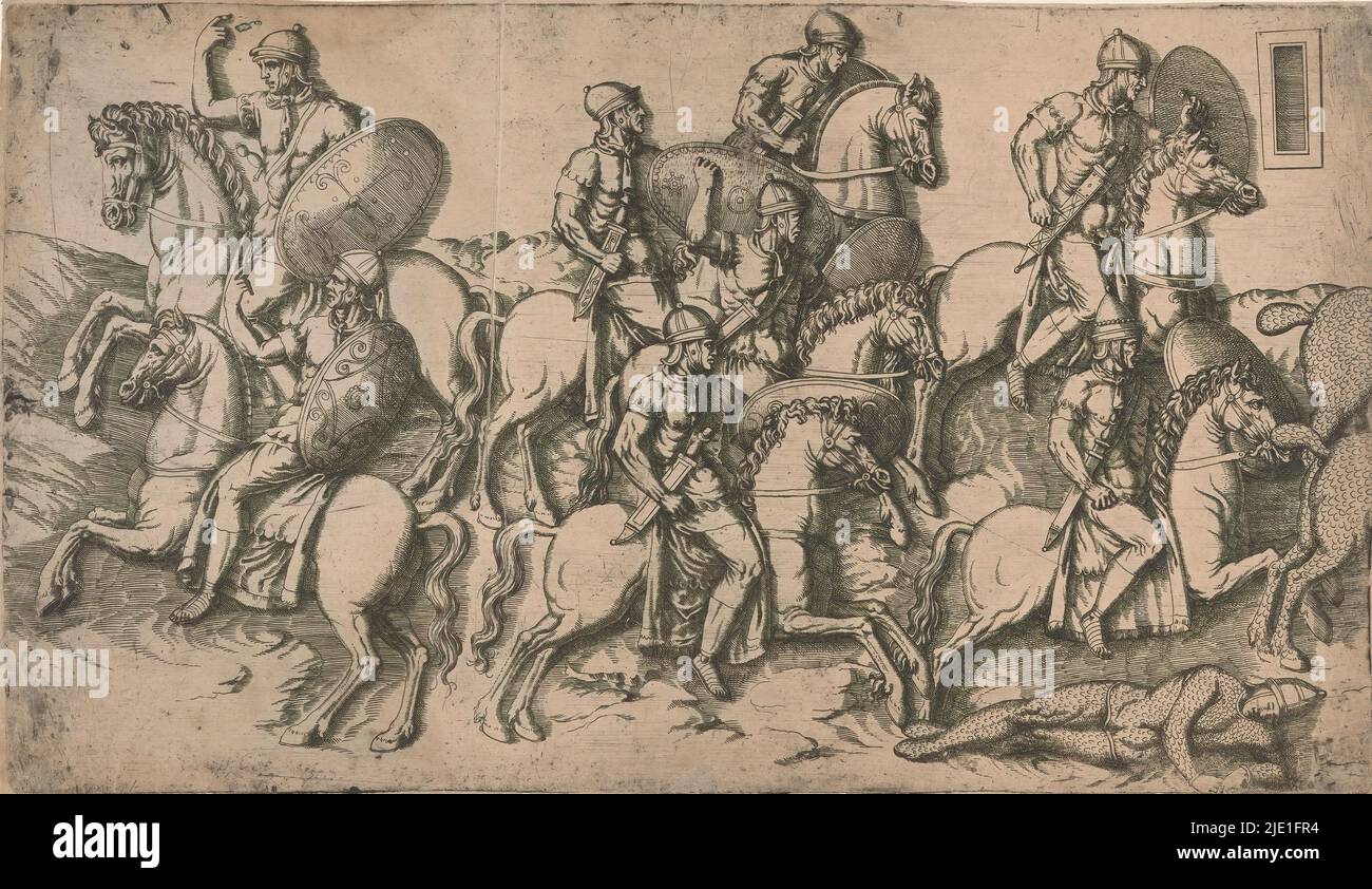 Scène des guerres daciennes, scène des guerres daciennes avec des soldats à cheval. Après le bas-relief sur la colonne de Trajan à Rome., imprimerie: Antonio Fantuzzi, (cercle de), Fontainebleau, 1537 - 1550, papier, gravure, hauteur 260 mm × largeur 453 mm Banque D'Images