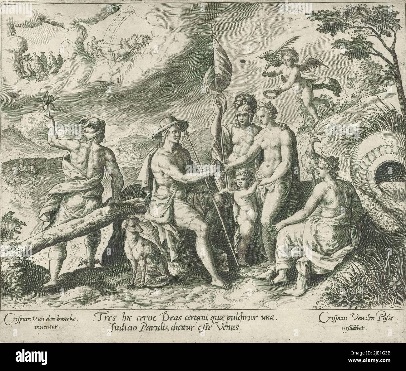 Jugement de Paris, Paysage avec jugement de Paris. Paris doit juger les trois plus belles déesses d'Olympe pour leur beauté : Juno (avec le paon), Vénus (avec Amor) et Minerva (avec casque). Paris donne la pomme dorée d'Eris à Vénus. Mercury regarde le ciel où les dieux se sont rassemblés. Dans la marge une légende à deux lignes en latin., imprimerie: Crispijn van de passe (I), après dessin par: Crispijn van den Broeck, (mentionné sur objet), éditeur: Crispijn van de passe (I), (mentionné sur objet), Anvers, 1580 - 1588, papier, gravure, hauteur 195 mm × largeur 232 mm Banque D'Images