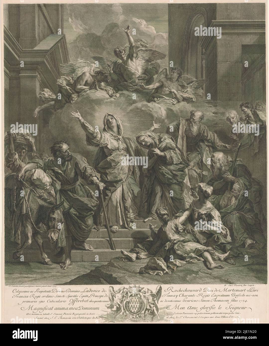 Loflied van Mary (Magnificat), Magnificat animaa mea Dominum (mon âme salue le Seigneur) (titre sur objet), Marie se tient sur une étape devant un temple, bras levés. Au-dessus de sa tête un halo de rayons et d'anges dans un nuage. Avec les spectateurs., imprimerie: Simon Henri Thomassin, (mentionné sur l'objet), après peinture par: Jean Baptiste Jouvenet, (mentionné sur l'objet), éditeur: François Chéreau (I), (mentionné sur l'objet), 1724, papier, gravure, gravure, hauteur 592 mm × largeur 482 mm Banque D'Images