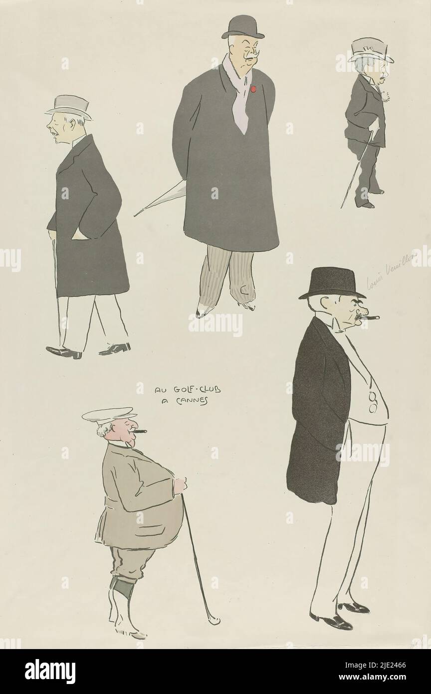 Au Golf-Club a Cannes, ca. 1920, caricature de cinq hommes âgés dans un club de golf de Cannes. Le golfeur en bas à gauche porte une tenue de golf composée d'une veste, d'une culotte de genou et de guêtres. Capuchon sur la tête. Cigare en bouche et un club de golf à la main. L'homme en bas à droite, avec les mains dans les poches, est Louis Veuillot., imprimeur: Anonyme, après dessin par: SEM, c. 1920, papier, hauteur 500 mm × largeur 332 mm Banque D'Images