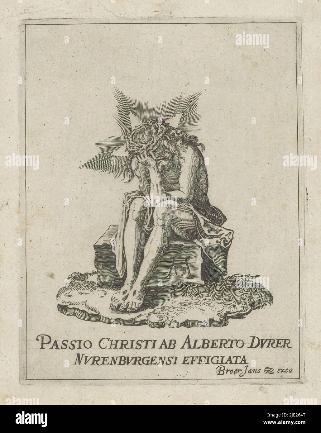 Christ sur la pierre froide, la petite passion (titre de la série), Passio Christi AB Alberto Durer Nurenburgensi Effigiata (titre de la série sur l'objet), Christ est assis avec sa tête dans la main sur la pierre froide. Sur sa tête la couronne des épines. Les stigmates sont visibles sur ses pieds et sa main. L'imprimé fait partie d'un album., imprimeur: Anonyme, après impression par: Albrecht Dürer, éditeur: Broer Jansz. (Den Haag), (mentionné à l'objet), la Haye, 1610 - 1620, papier, gravure, hauteur 131 mm × largeur 101 mm, hauteur 224 mm × largeur 160 mm Banque D'Images