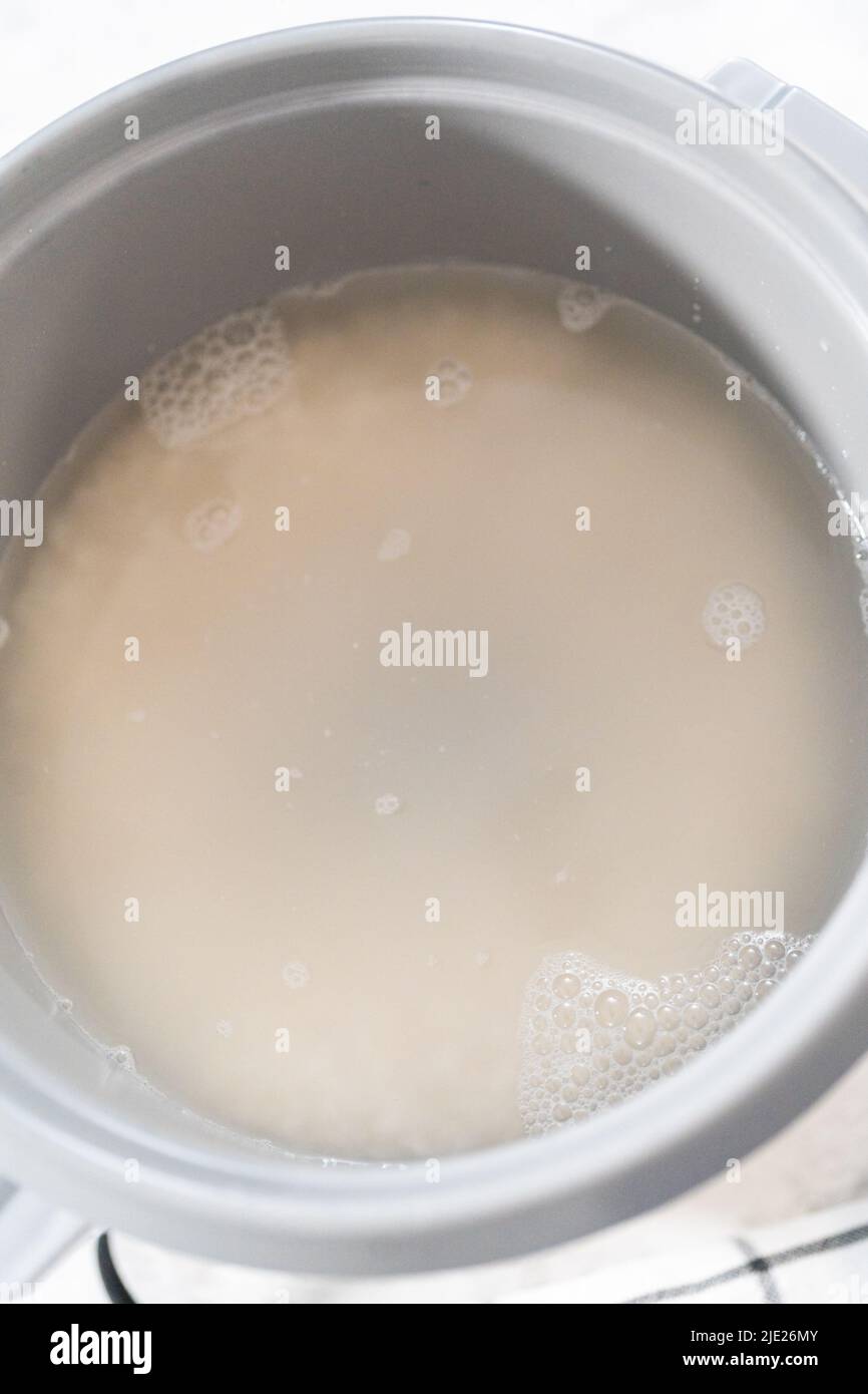 Cuisson du riz blanc dans un cuiseur à riz. Banque D'Images Cuisson du riz blanc dans un cuiseur à riz. Banque D'Images