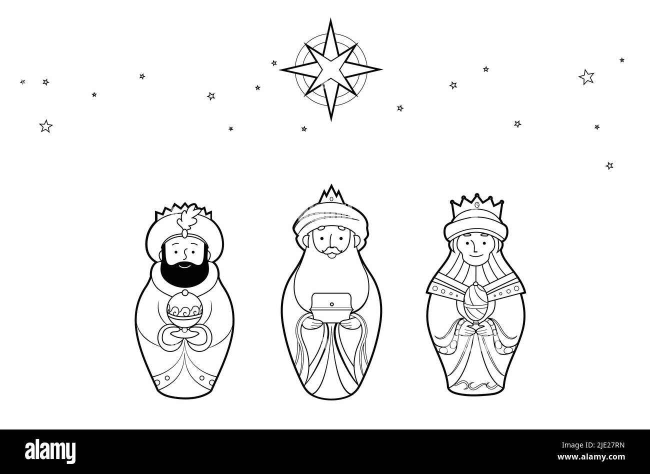 Trois hommes sages dessin animé vector coloriage livre de page pour les enfants. Epiphanie ou fête de la nativité. Caspar, Melchior, Balthasar art de ligne Illustration de Vecteur