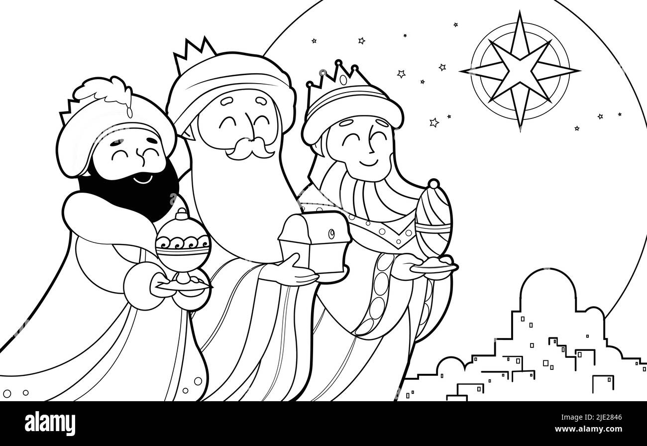 Trois personnages de dessin animé de Wise Men dessin vectoriel pour enfants page de livre de coloriage. Dessin au trait, dessin vectoriel tracé au trait, nativité ou épiphanie. Illustration de Vecteur