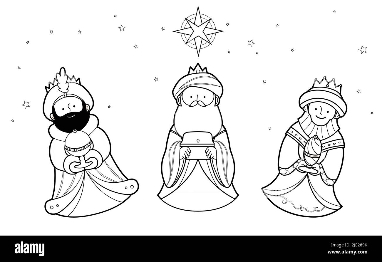 Epiphany célébration vector illustration coloriage livre page pour les enfants.Three Wise Men, trois Rois, Magi coloriage page dessin. Illustration de Vecteur