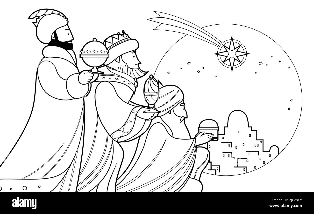 Trois magi, trois rois, trois Sages dessin animé vector illustration pour la page de livre de coloriage. Dessin au trait, nativité au trait ou vecteur épiphanie. Illustration de Vecteur