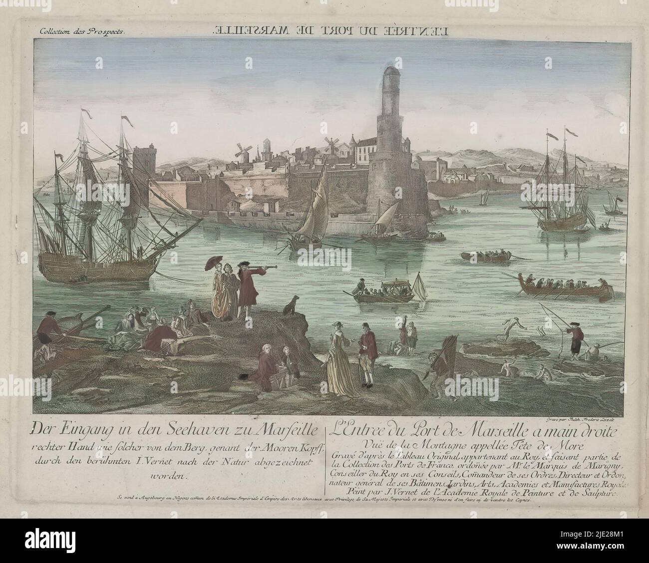 Der Eingang dans den Seehaven zu Marseille (titre sur objet), vue sur le port et la ville depuis la montagne tête de More. Grands et petits bateaux sur l'eau en face d'une ville avec un quai et une tour ou un phare. Au premier plan une banque avec des pêcheurs, des marcheurs et des nageurs. Ci-dessous, un texte allemand et français à gauche et à droite., éditeur: Kaiserlich Franziskiskische Akademie, (mentionné sur l'objet), imprimeur: Balthasar Friedrich Leizel, (mentionné sur l'objet), après peinture par: Claude Joseph Vernet, (mentionné sur l'objet), Augsbourg, 1755 - 1779, papier, décapage, pinceau, Banque D'Images
