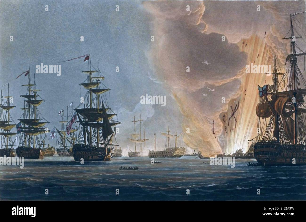 Le navire-amiral français l'Orient explose à la bataille du Nil, août 1st 1798 peint par Thomas Whitcombe Banque D'Images