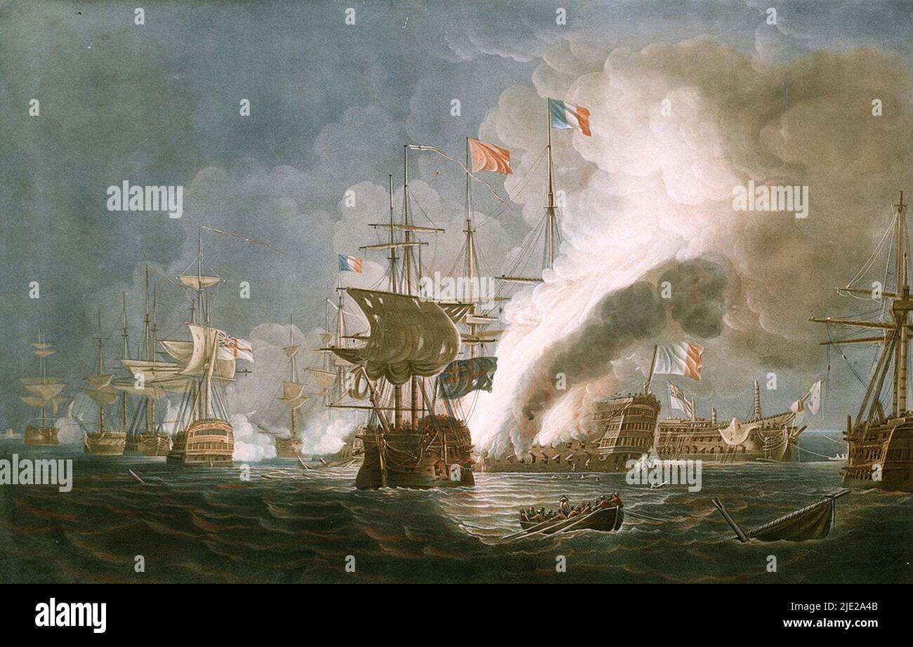Le navire-amiral français l'Orient en feu, et derrière se trouve le belléophon dématé à la bataille du Nil peint par Thomas Whitcombe. Banque D'Images