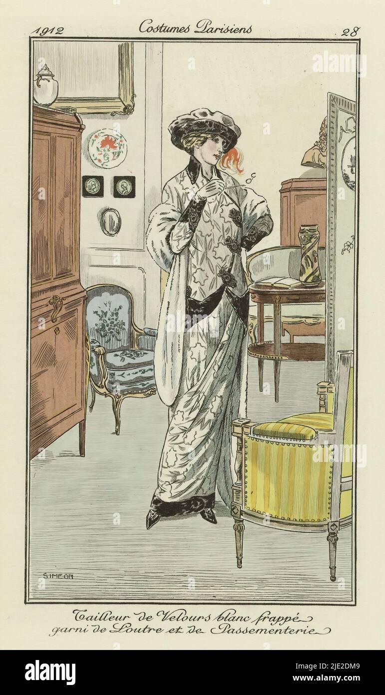 Journal des Dames et des modes, costumes Parisiens, 1912, n° 28 : Tailleur de velours (...), femme à l'intérieur, dans un manteau de velours blanc pressé décoré de fourrure de loutre et de passementerie. Imprimé du magazine de mode Journal des Dames et des modes (1912-1914)., après la conception par: Fernand Siméon, (mentionné sur l'objet), imprimeur: Anonyme, Paris, 1912, papier, gravure, hauteur 180 mm × largeur 110 mm Banque D'Images