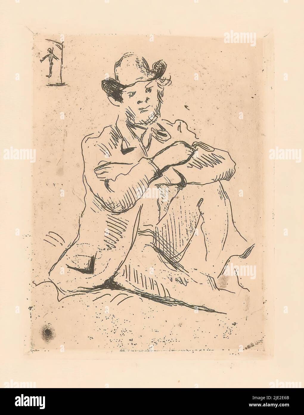 Portrait d'Armand Guillaumin, homme assis avec chapeau, bras croisés et jambe droite étendue. En arrière-plan, une personne est accroché à une laisse., imprimeur: Paul Cézanne, 1873, papier, gravure, hauteur 244 mm × largeur 190 mm Banque D'Images