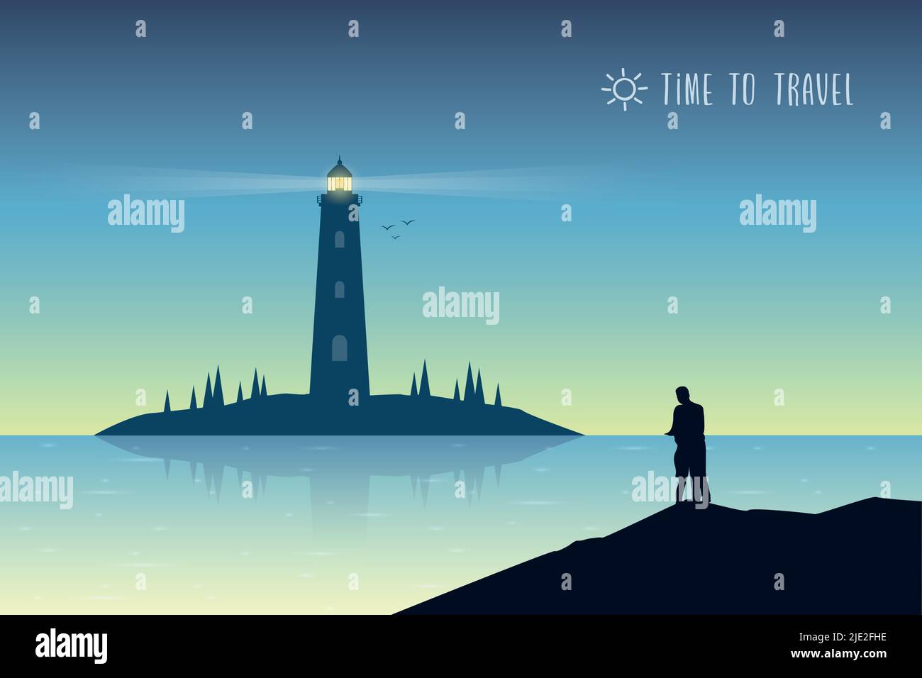 couple charmant sur le paysage marin du phare avec vue sur la montagne au coucher du soleil Illustration de Vecteur