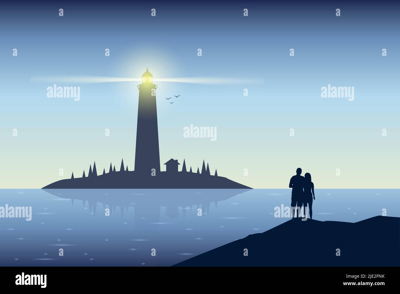 couple charmant sur le paysage marin du phare avec vue sur la mopuntain au coucher du soleil Illustration de Vecteur