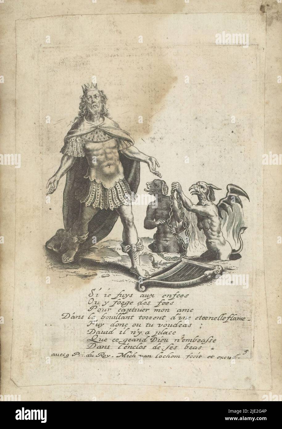 David et deux monstres d'enfer, David disgracé (titre de la série), David Profugus (titre de la série), hors de la terre viennent deux monstres, avec une tête de chien et de poulet, qui veulent enchaîner David. Sur le sol se trouve la harpe de David. Au-dessous de l'image, huit lignes de texte en français. L'imprimé fait partie d'un album., imprimeur: Michel van Lochom, (mentionné sur l'objet), éditeur: Michel van Lochom, (mentionné sur l'objet), Lodewijk XIII (koning van Frankrijk), (mentionné sur l'objet), Paris, 1625 - 1647, papier, gravure, hauteur 104 mm × largeur 71 mm Banque D'Images