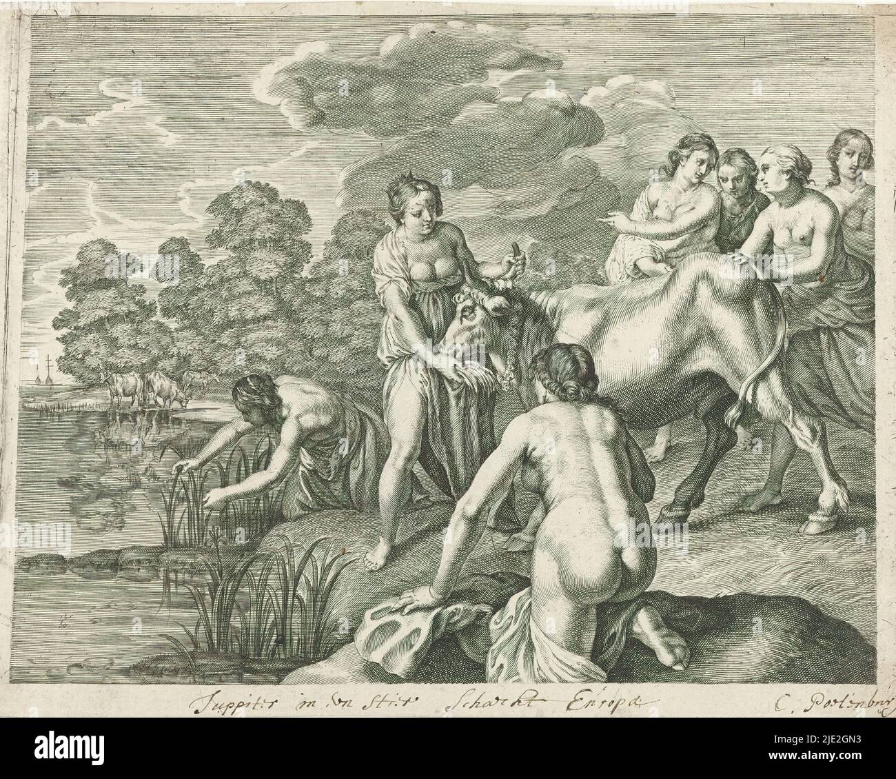 Jupiter Checks Europa, métamorphoses d'Ovid (titre de la série), Jupiter, sous l'apparence d'un taureau, attire Europa à s'asseoir sur son dos. Ainsi, il l'abdura., imprimeur: Cornelis van Poelenburch, (peut-être), après conception par: Cornelis van Poelenburch, (mentionné sur l'objet), éditeur: Crispijn van de passe (I), (attribué à), c. 1636 - 1670, papier, gravure, hauteur 166 mm × largeur 231 mm Banque D'Images