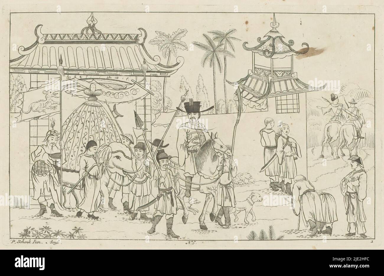 prince chinois en procession à travers une porte, des scènes de chasse chinoises (titre de la série), Nieuwe geinventeerde Sineesen, rencontré groote moeyte gegeeekent en 't Ligt gegeven, porte P: Schenk Jun (...), derde deel (titre de la série), Un prince chinois ou gentleman à cheval en procession à travers une porte. Derrière lui, un éléphant est transporté. À droite, les gens se plient à l'homme à cheval. Centre inférieur numéroté : 6. L'imprimé fait partie d'un album., imprimerie: Pieter Schenk (II), après conception par: Pieter Schenk (II), éditeur: Pieter Schenk (II), (mentionné sur l'objet), Amsterdam, 1727 - 1775, papier, etchin Banque D'Images