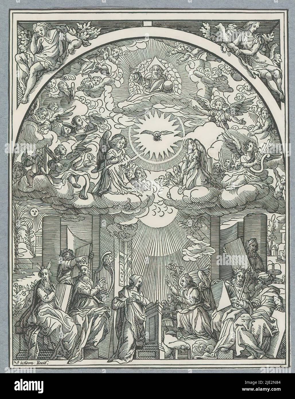 Annonciation, Jeunesse du Christ, au centre de la proclamation à Marie. À gauche, Moïse, le prophète Ésaïe et le roi David, et à droite, le roi Salomon et les prophètes Jérémie et Haggai. Ils tiennent chacun une tablette. Paysages extrêmes à gauche et à droite avec des symboles de la conception et de la pureté immaculées de Marie. Entre autres, un jardin fermé, des nénuphars, un ressort et une porte fermée. Centre au-dessus de Dieu le Père et la colombe du Saint-Esprit. Sur les nuages adoring anges. L'imprimé fait partie d'un album., imprimeur: Christoffel van Sichem (II), (mentionné sur l'objet), après impression par: Cornelis Cort, AFT Banque D'Images