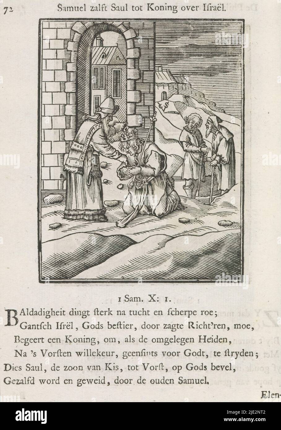 Saül oint roi par Samuel, Samuel oint Saül roi sur Israël (titre sur objet), Saül est oint roi par Samuel. Samuel vide un pot d'huile sur la tête du Saül qui s'agenouille. À droite, deux personnes regardent. Au-dessus de la scène se trouve un titre. Ci-dessous, six versets et une référence à 1. Samuel 10 : 1. L'imprimé fait partie d'un album., imprimeur: Christoffel van Sichem (II), (mentionné sur l'objet), imprimeur: Christoffel van Sichem (III), (mentionné sur l'objet), éditeur: Jan Klooster, Amsterdam, 1645 - 1646 et/ou 1740, papier, impression typographique, hauteur 109 mm × largeur 85 mm, hauteur 170 mm × Banque D'Images