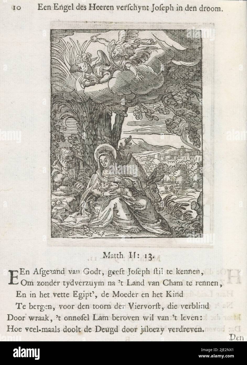 Reposant sur le vol vers l'Égypte avec des anges, un ange du Seigneur verschynt Joseph dans le rêve (titre sur l'objet), la Sainte famille reposant sur le voyage vers l'Égypte. Marie nourrit l'enfant du Christ sous un palmier. Au-dessus des nuages deux anges. À droite un paysage. Au-dessus de la scène un titre. Ci-dessous, six versets et une référence à Matthieu 2: 13. L'imprimé fait partie d'un album., imprimerie: Christoffel van Sichem (II), imprimerie: Christoffel van Sichem (III), (mentionné sur l'objet), après impression par: Johann Sadeler (I), Amsterdam, 1629 - 1648 et/ou 1740, papier, impression typographique, hauteur 101 mm × Banque D'Images