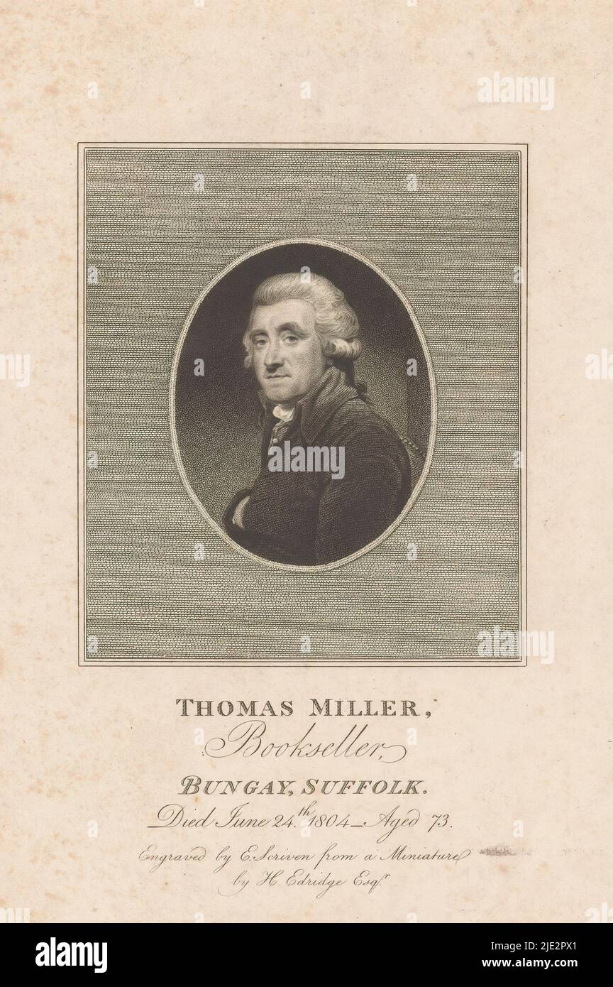 Portrait de Thomas Miller, libraire à Bungay, Thomas Miller, Bookseller, Bungay, Suffolk (titre sur l'objet), imprimeur: Edward Scriven, (mentionné sur l'objet), après peinture par: Henry Edridge, (mentionné sur l'objet), 1804 - 1841, papier, gravure, hauteur 225 mm × largeur 163 mm Banque D'Images