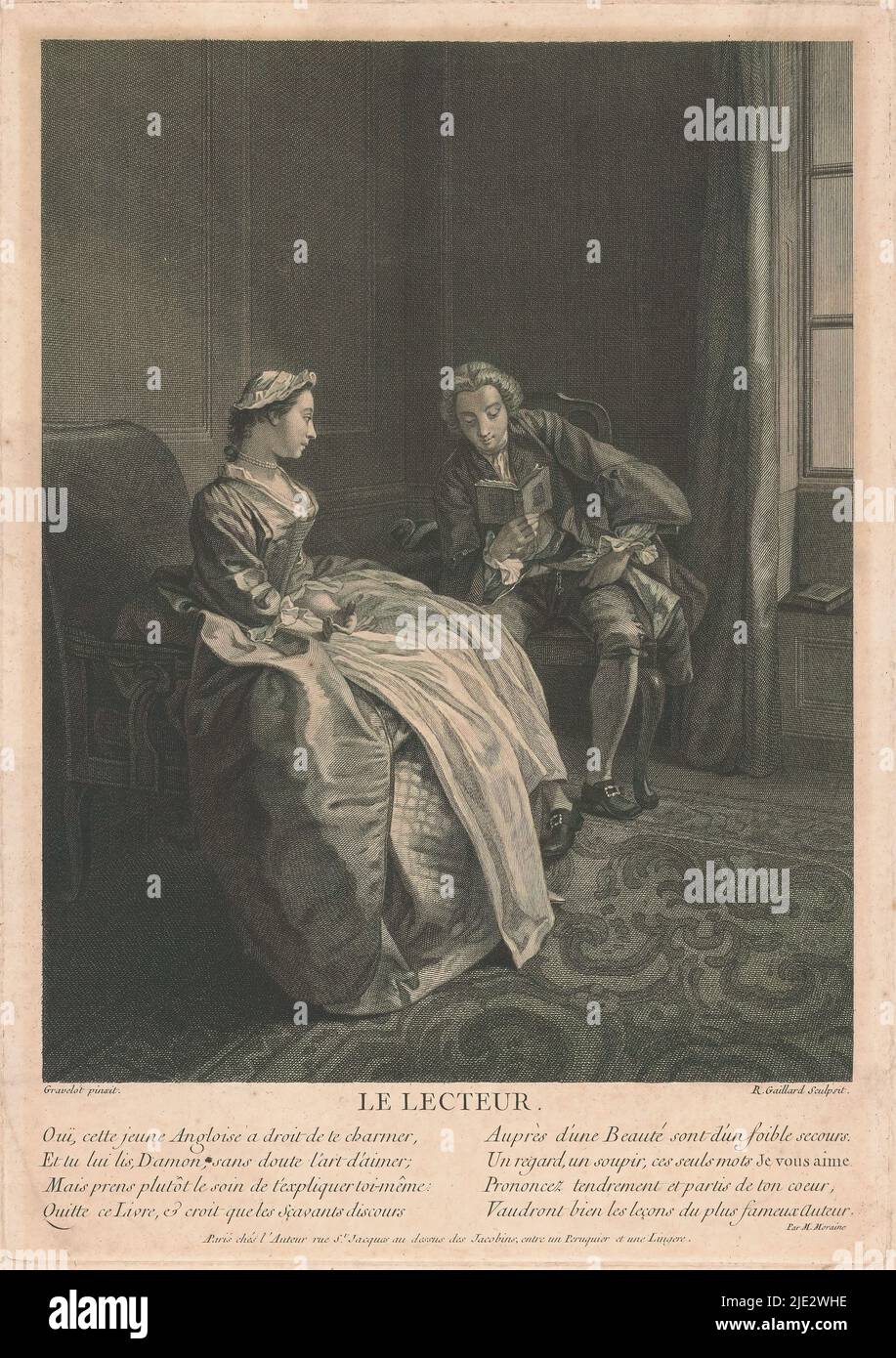 Jeune homme lit à une jeune femme d'un livre, le lecteur (titre sur objet), intérieur avec une jeune femme dans une longue robe, assise sur une chaise avec ses mains sur ses genoux. À côté d'elle, un jeune homme s'assoit sur une chaise, lisant un livre. En dessous de l'image un verset de huit lignes en français., imprimerie : René Gaillard, (mentionné sur l'objet), après peinture par : Hubert François Gravelot, (mentionné sur l'objet), Moraine, (mentionné sur l'objet), Paris, c. 1756, papier, gravure, hauteur 385 mm × largeur 272 mm Banque D'Images
