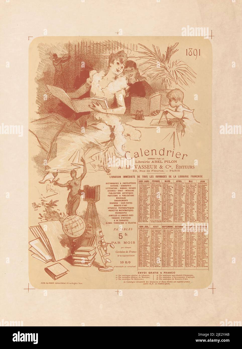 Calendrier de la librairie Abel Pilon et de l'éditeur A. le Vasseur & Cie pour l'année 1891, deux femmes sont assis à table avec des livres ouverts entre leurs mains. Au coin de la table, une fille est assise avec un compas. Ci-dessous une vie encore constituée d'un appareil photo, d'un microscope, d'un globe, d'une statue et d'une pile de livres., Imprimeur: Jules Chéret, (mentionné sur l'objet), imprimeur: Edmond Chaix, (mentionné sur l'objet), Paris, 1890, papier, hauteur 411 mm × largeur 306 mm Banque D'Images