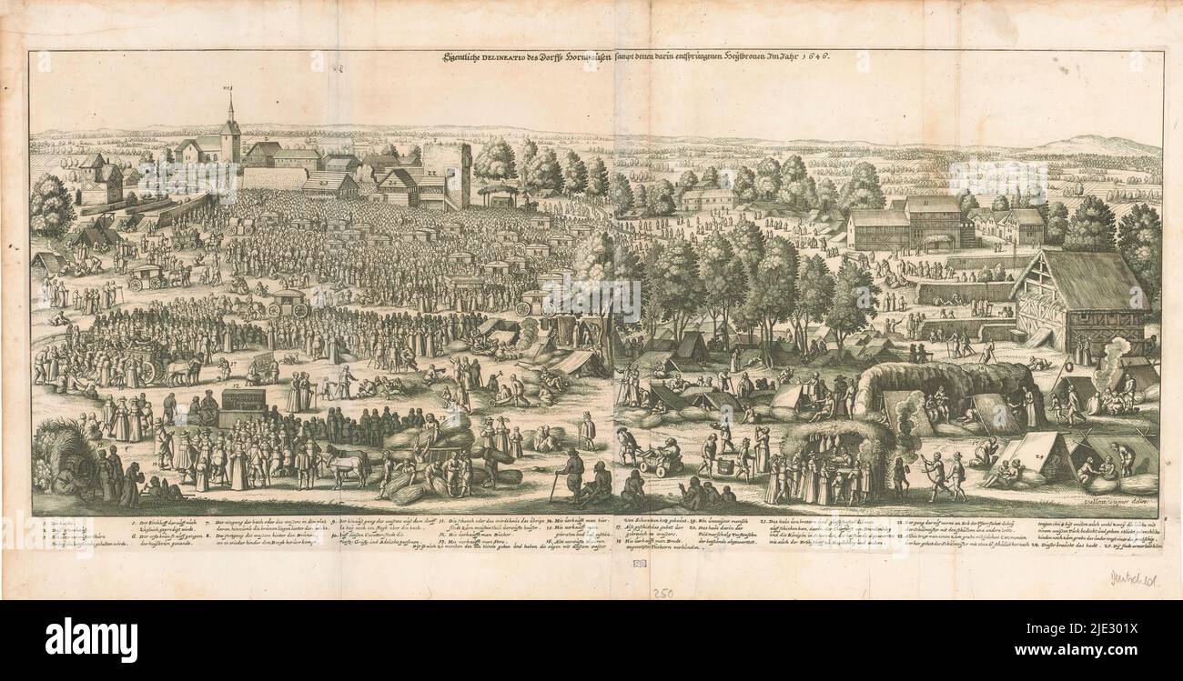 Foule attirée par les sources de guérison à Hornhausen, 1646, Eigentliche Delineatio des Dorffs Hornhausen sampt denen darin entspringenen Heylbronen im Jahr 1646 (titre sur objet), vue du village de Hornhausen où une foule s'est rassemblée autour des sources de guérison sur la place du village. Au premier plan, les gens se baignent et divers marchands, y compris des vendeurs de viande, de pain et de bière. À l'extrême gauche, une libraire féminine à côté d'une cabine de livres. Avec légende au-dessous de l'image identifiant 25 scènes différentes., imprimeur: Anonyme, après dessin par: Valentin Wagner, (mentionné sur l'objet), éditeur: Matth Banque D'Images