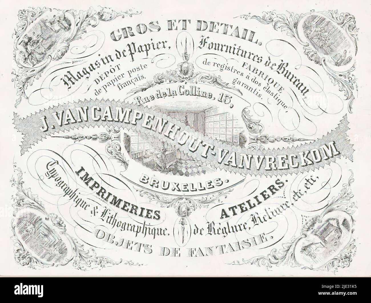 Carte de visite de l'imprimeur J. van Campenhout-Van Vreckom, au centre de l'intérieur d'un magasin avec une femme derrière le comptoir, un homme et une femme devant le comptoir. Dans les coins intérieurs des ateliers d'impression avec diverses presses d'impression et de typographes. Outre l'imprimerie, Van Campenhout-Van Vreckom s'est engagé dans la reliure et le commerce du papier et des fournitures de bureau., imprimeur: J. Van Campenhout-Van Vreckom, (peut-être), imprimeur: J. Van Campenhout-Van Vreckom, (peut-être), Bruxelles, ch. 1840 - c. 1875, matériau, hauteur 89 mm × largeur 121 mm Banque D'Images