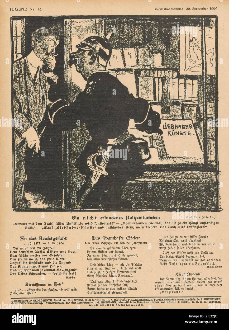 L'agent confisque un livre d'un libraire, Ein nicht erfundenes Polizeistückchen (titre sur objet), un agent devant la fenêtre d'une librairie. Il fait remarquer au libraire debout à la porte un livre dans la fenêtre, intitulé Liebhaber-Künste., imprimerie: Anonyme, après la conception par: Paul Rieth, (mentionné sur l'objet), éditeur: Georg Hirth, (mentionné sur l'objet), München, 1904, papier, impression typographique, hauteur 293 mm × largeur 219 mm Banque D'Images