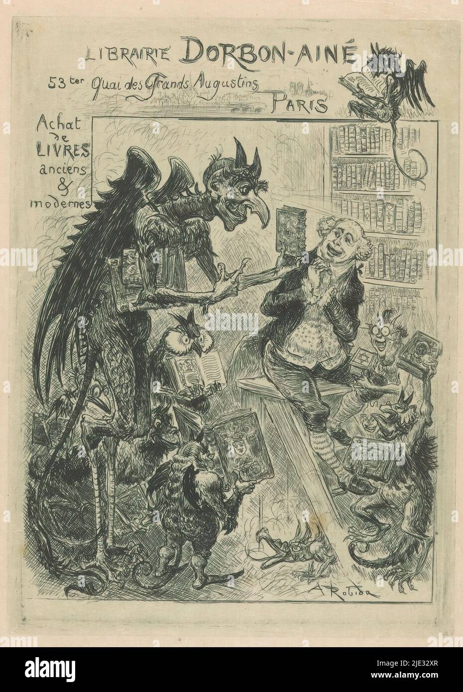 Carte de visite de la librairie Dorbon-Ainé à Paris, intérieur d'une librairie avec au centre un diable avec pattes, queue, ailes et cornes coquées offrant un livre à un libraire assis sur une étape de bibliothèque devant une bibliothèque. Dans la salle huit autres devils ou figures de fantaisie, dont la plupart tiennent des livres., imprimerie: Albert Robida, (mentionné sur l'objet), éditeur: Librairie Dorbon-Ainé, (éventuellement), 1901 - 1924, papier, gravure, point sec, hauteur 160 mm × largeur 116 mm Banque D'Images