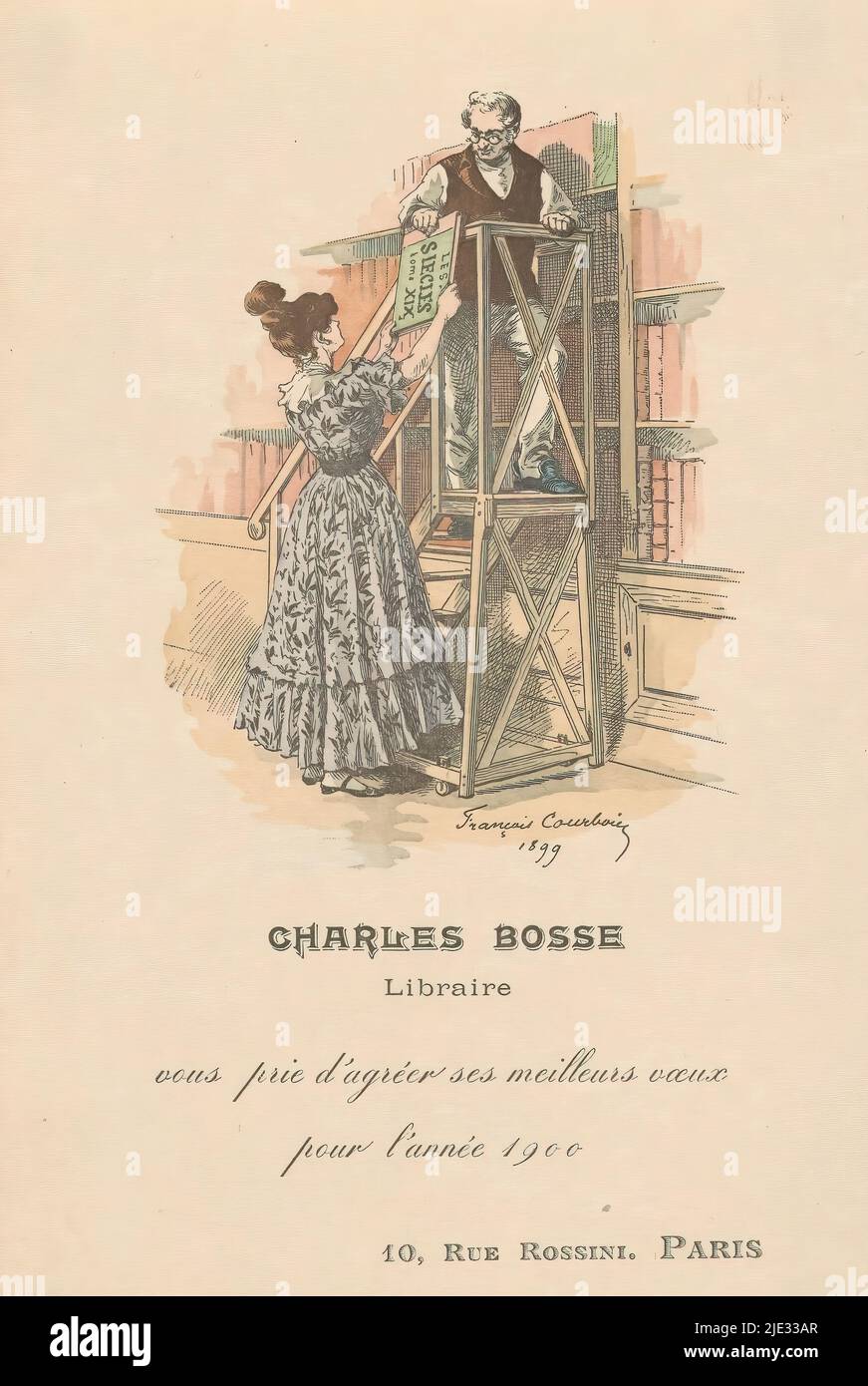 Salutation du nouvel an du libraire Charles Bosse à Paris, Une femme remet un livre à un homme debout sur une étape de bibliothèque devant une bibliothèque., imprimeuse: François Courboin, (mentionné sur l'objet), après le dessin de: François Courboin, (mentionné sur l'objet), éditeur: Charles Bosse, (peut-être), Paris, 1899, papier, impression typographique, hauteur 170 mm × largeur 111 mm Banque D'Images