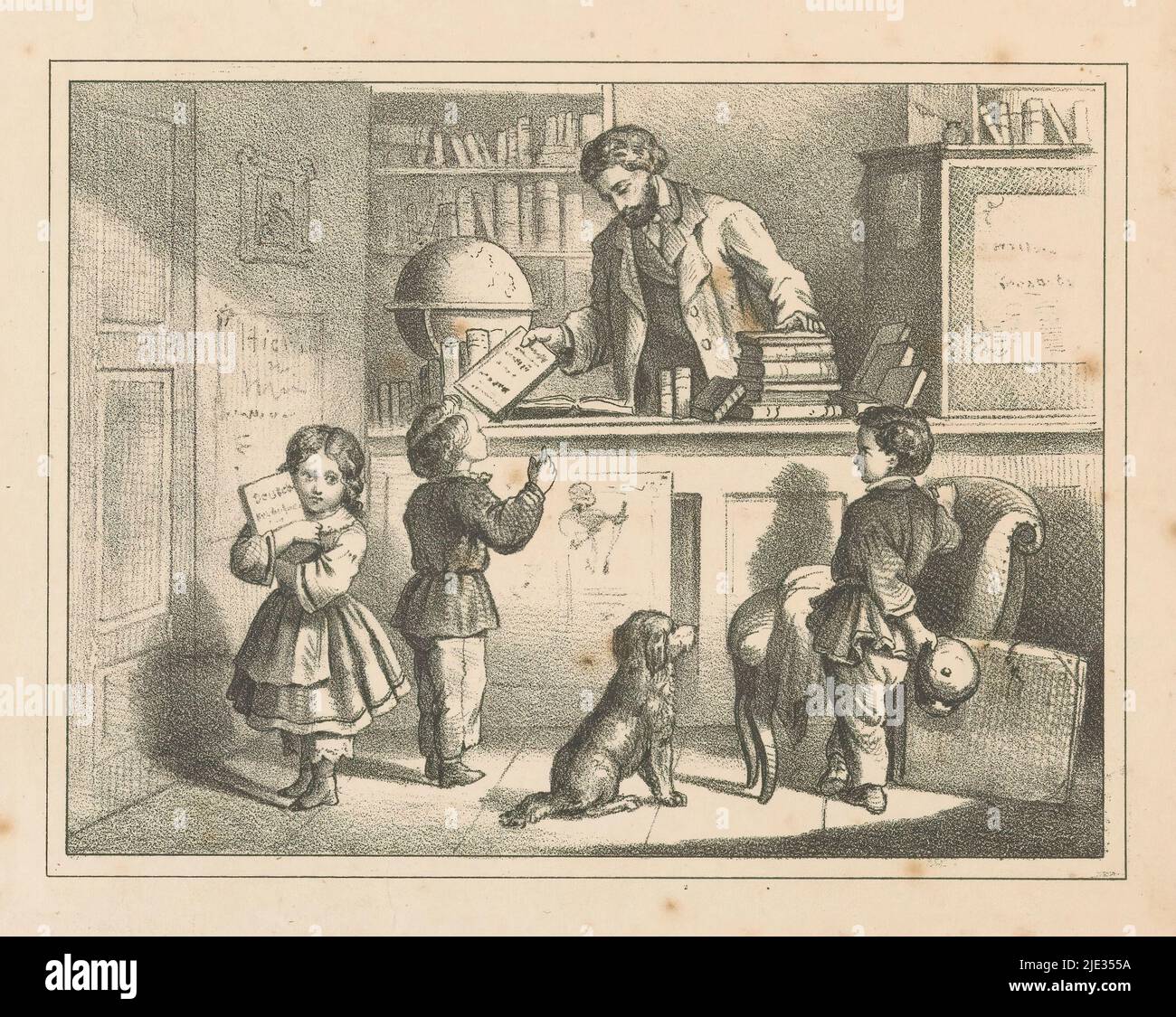 Enfants dans une librairie, deux filles, un garçon et un chien dans une librairie. De derrière le comptoir, le propriétaire est en mesure de chercher un livre, à côté de lui est un globe., imprimeur: Anonyme, c. 1825 - c. 1875, papier, hauteur 174 mm × largeur 213 mm Banque D'Images